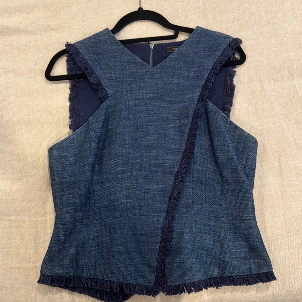 BCBGMAXAZRIA Fringed Tweed Sleeveless Top - Navy Blue - Size L